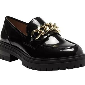 INC Brea Chain-Trim Patent Leather Chunky Lug Sole Loafers in Black  SZ 7